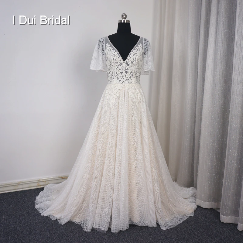 

Flare Sleeve V Neck Champagne Lining Wedding Dress A Line Lace Appliqued Beaded Illusion Corset Bridal Gown