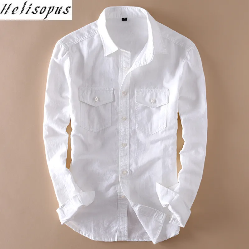 

Helisopus Cotton Linen Shirts Mens Long Sleeve Casual White Shirt with Pocket Male Classic Hemp Shirts Camisa Masculina