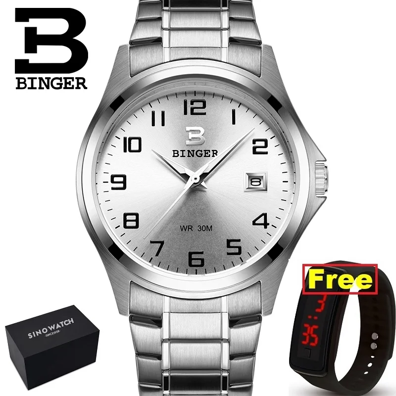 

Full Stainless Clock Switzerland Luxury Men's watch BINGER brand Quartz Waterproof Complete Calendar Male Wristwatches B3052A7