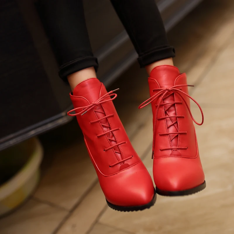 

Big Size 34-43 New Design 2017 Fashion Lace Up Ankle Boots Elegant Square Toe Hoof Med Heels Shoes Woman Cozy Fall Winter Boots