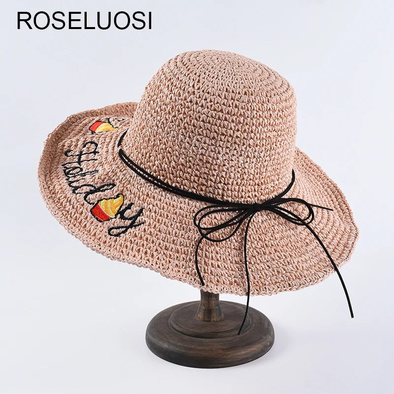 

ROSELUOSI Women Summer Large Brim Beach Hats 2019 Brand New Letter Embroidery Sun Hat Hand Made Fold-able Summer Hats