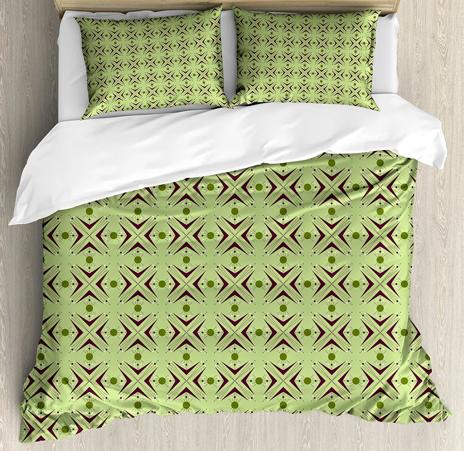 

Mid Century Duvet Cover Set , Atomic Form with Boomerang Details Dots and Crossed Lines, 4 Piece Bedding Set