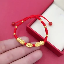 Чистый 24 К желтого золота Для женщин 3D Luck Yuanbao Pixiu кулон красный плетение браслета