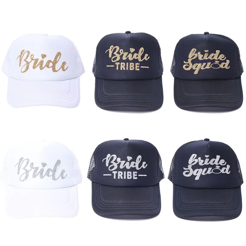 

Unisex Cotton Mesh Back Breathable Baseball Cap Glitter Bride Squad Tribe Letters Diamond Ring Print Snapback Peaked Trucker Hat