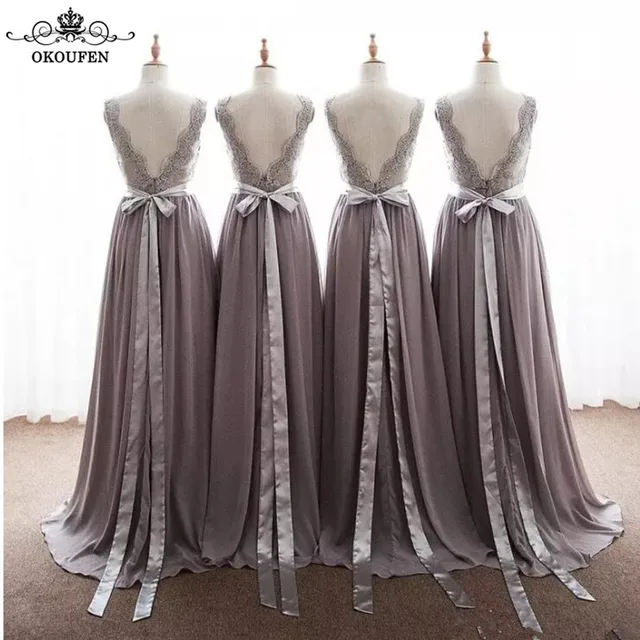 Cheap Flowing A Line Bridesmaid Dresses With Ribbon Sash Lace Applique and Chiffon Skirt V Neck Long Maid Of Honor Dress Party Wedding Cheap Flowing A Line Bridesmaid Dresses With Ribbon Sash Lace Applique and Chiffon Skirt V Neck Long Maid Of Honor Dress Party Wedding