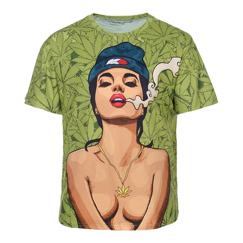 

Men/Women O Neck Top Tee Harajuku Style Green Hemp Leaf Spit Tobacco 3D T-shirt Creative Short Sleeve Pullovers Plus Size 5XL