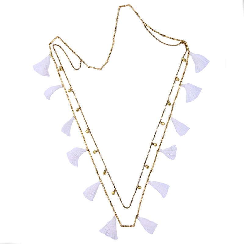 White Tassel Necklace Ethnic Style Two Layers Antique Gold Color Long Chain Necklace New Fashion 