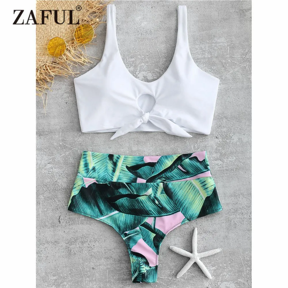 

ZAFUL Scrunch Butt Bikini Tropical Leaf Tie Front Swimwear Women High Waist Swimsuit Mix and Match Keyhole Bathing Suit Biquni