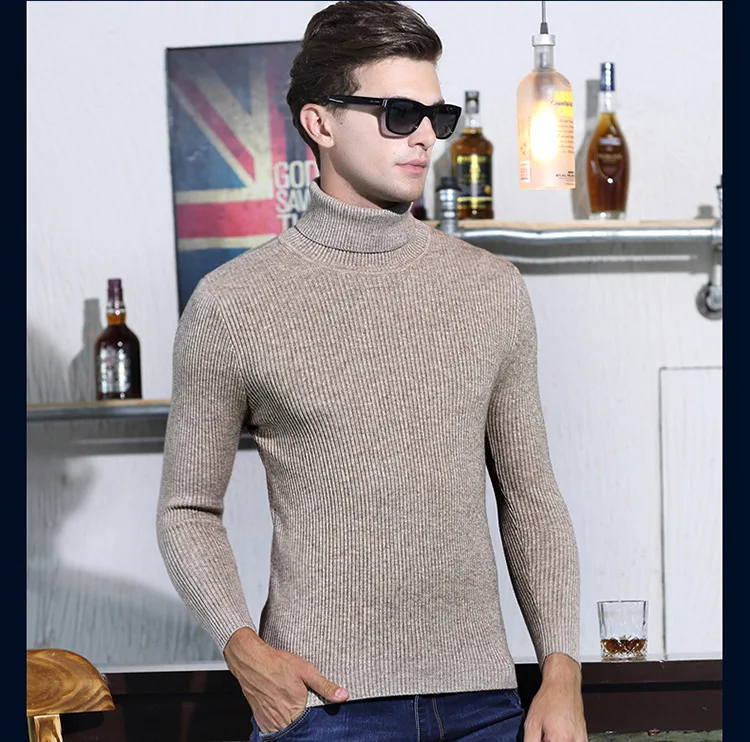 Высокое качество зимний свитер Для мужчин Трикотаж пуловер тонкий водолазка бренда Мужская одежда свитера в полоску Тонкий мужской свитер
