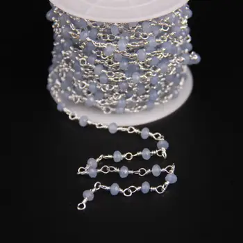 

2x4mm,Light Blue Malaysia Jades Rosary Chain,Raw Jaspers Faceted Rondelle Metal Silver Chain,DIY Crafts Necklace Jewelry