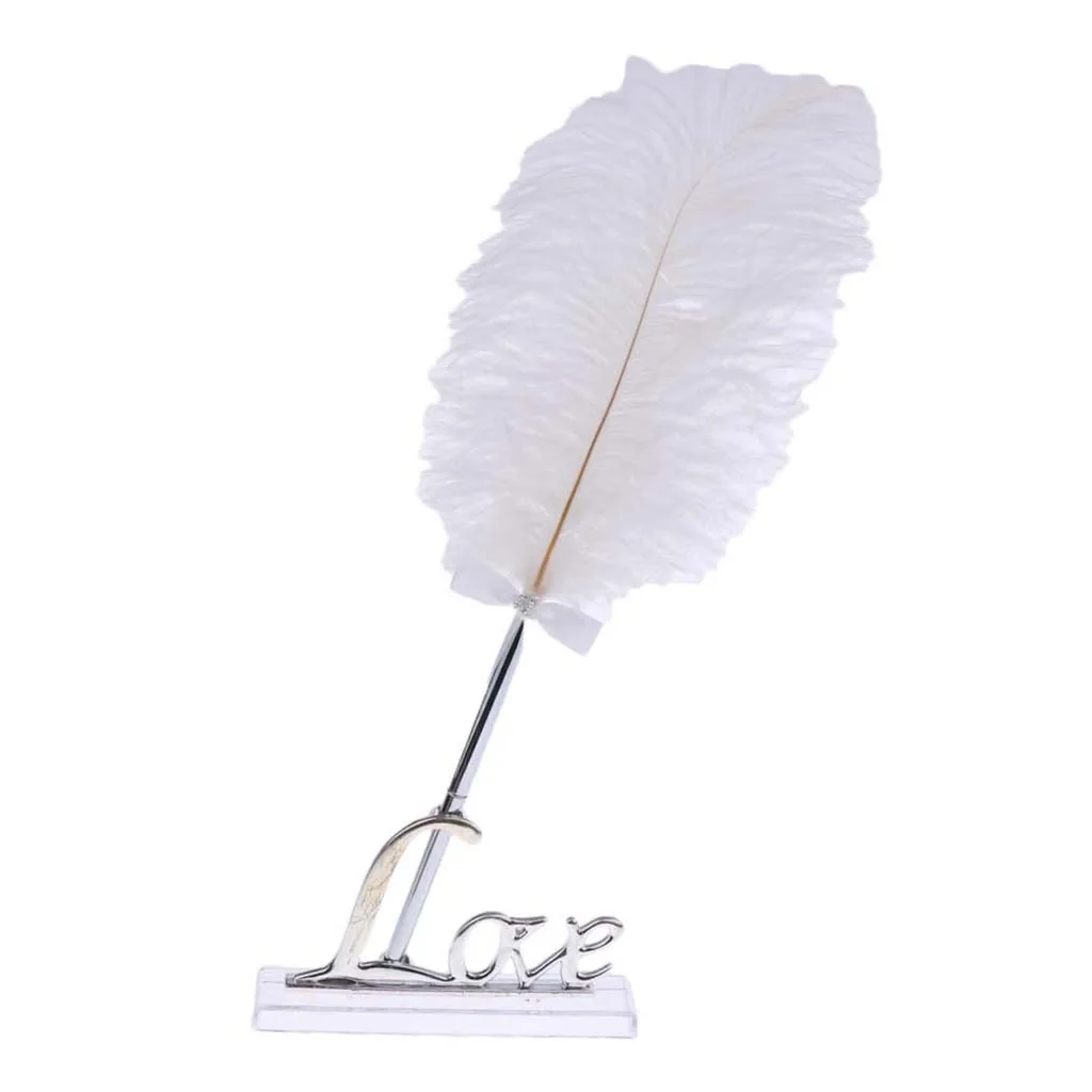 

Wedding White Feather Quill Guest Book Signing Pen with Golden Love Holder