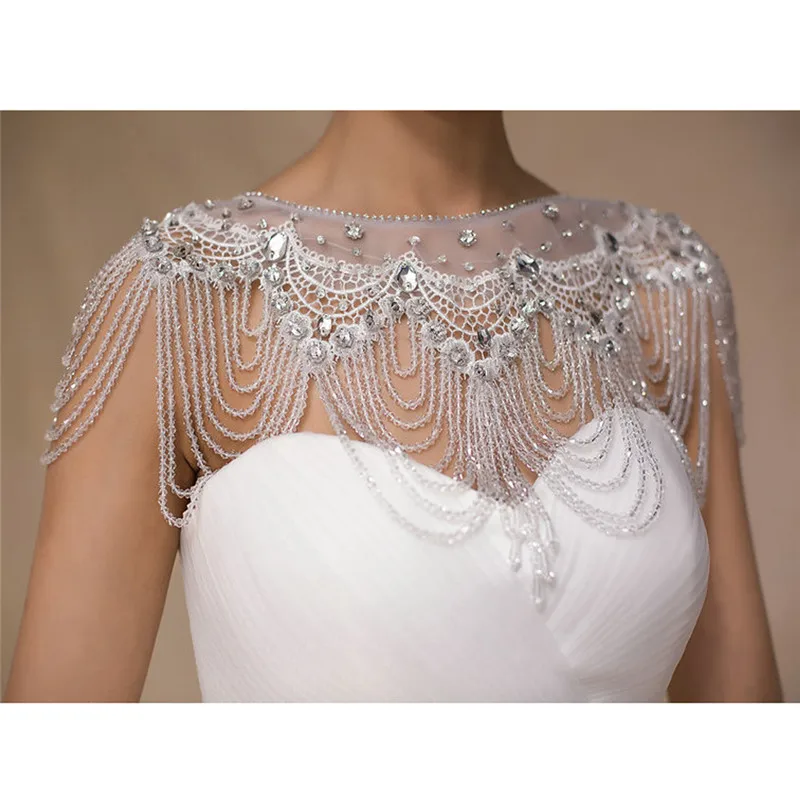 In Stock 2017 Ready Crystal Jewelry Beading Wedding Shawl Jacket Bolero Jacket Beaded Bridal Wraps
