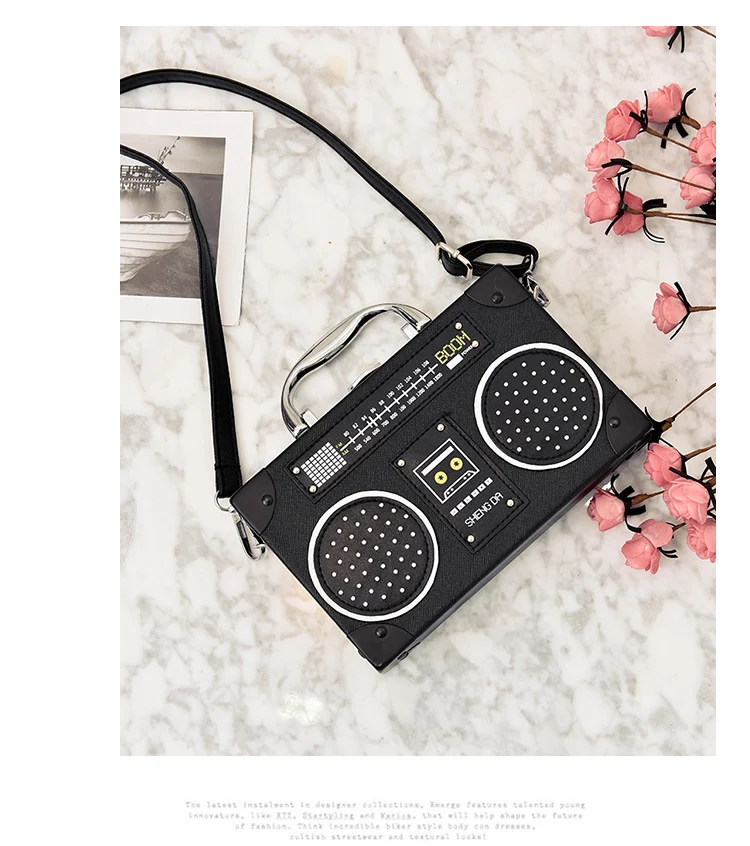 Summer Radio Tape Prints Mini Crossbody Bags for Women Box Shaped Shoulder Bag PU Leather Small Purses Vintage Flap Handbags