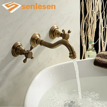 

Wholesale And Retail Antique Brass Wall Mounted Bathroom Basin Faucet Dual Cross Handles Vanity Sink Mixer Tap Widespread