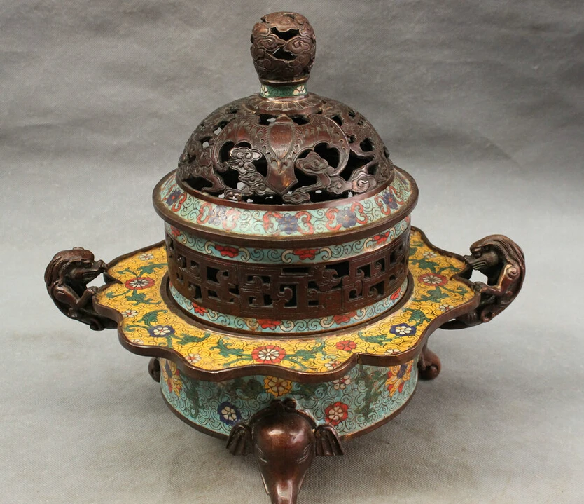 

USPS to USA S1835 14" Dynasty Tibet Cloisonne Bronze Unicorn Elephant Statue Incense Burner Burner B0401