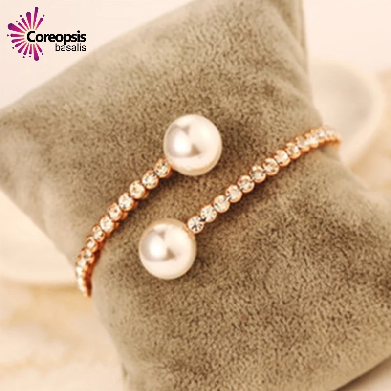 #New luxurious Temperament exquisite CZ crystal Bracelet high quality doublehead Large pearl rose gold open mouth bracelet women | Украшения