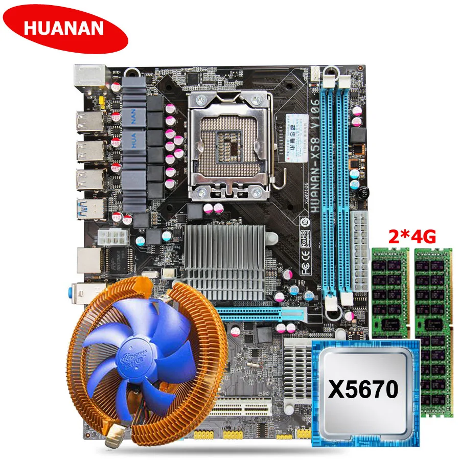Huanan Zhi скидка X58 Материнская плата USB3.0 X58 LGA1366 материнская плата с процессором Intel Xeon X5670 2,93 ГГц кулер ram 8G(2*4G) REG ECC