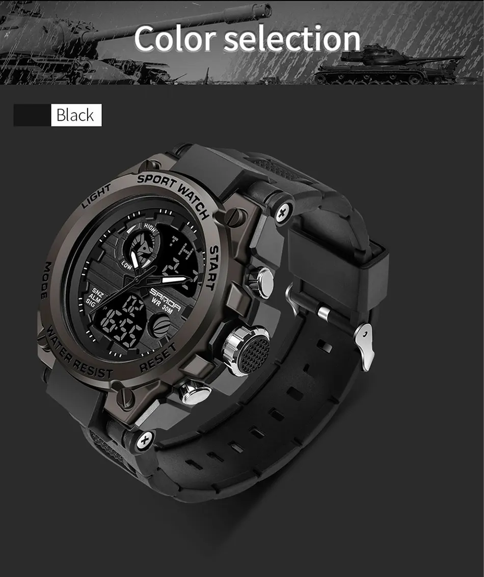 SANDA Men's Watches Black Sports Watch LED Digital 3ATM Waterproof Military Watches S Shock Male Clock relogios masculino