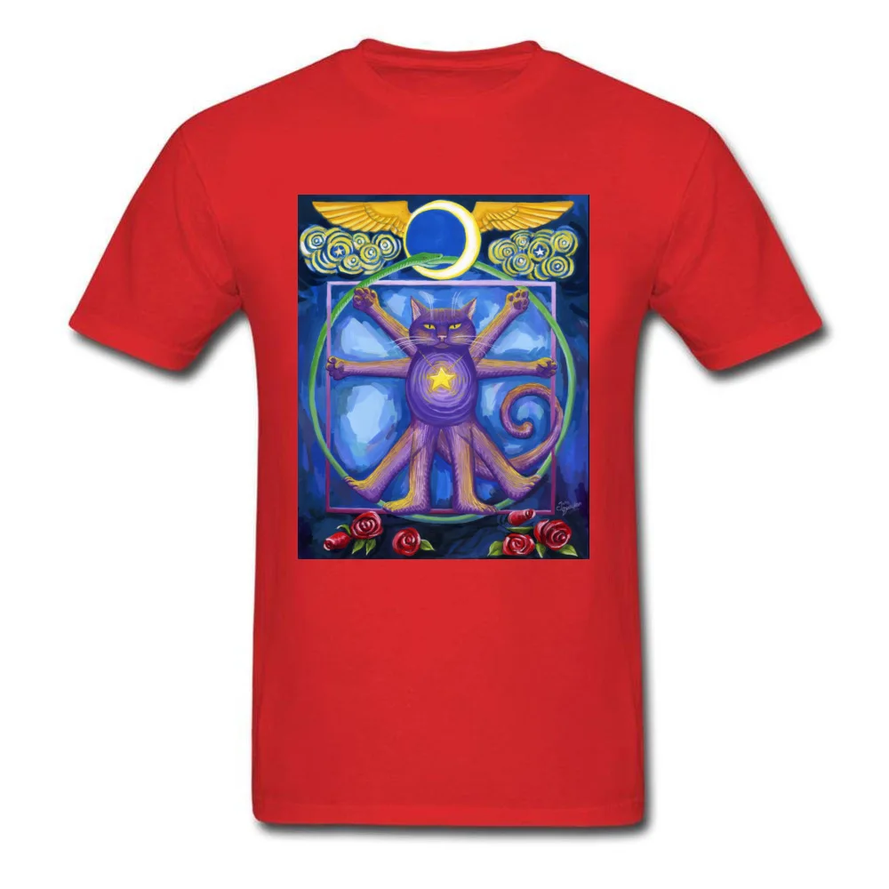 Funny Cool Geek T-shirts O Neck Pure Cotton Youth Tops T Shirt Short Sleeve ostern Day Geek Tops & Tees Wholesale Da Vinci Cat squaring the circle red