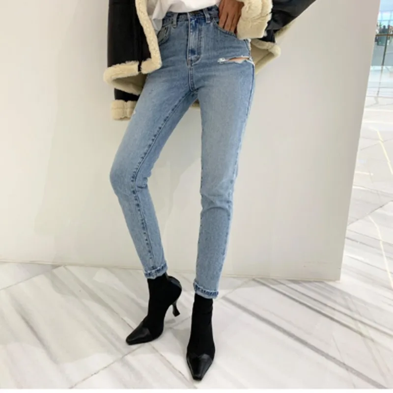 Корейская версия новых стрейчевых джинсов с высокой талией, тонкие ретро джинсы с потертостями