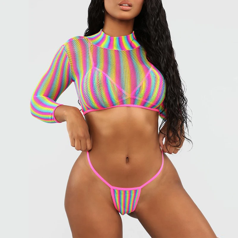 

Turmeric Mesh long sleeve bikini 2019 micro G-string 3 piece swimsuit women bathing suit biquini Summer swimwear female beach
