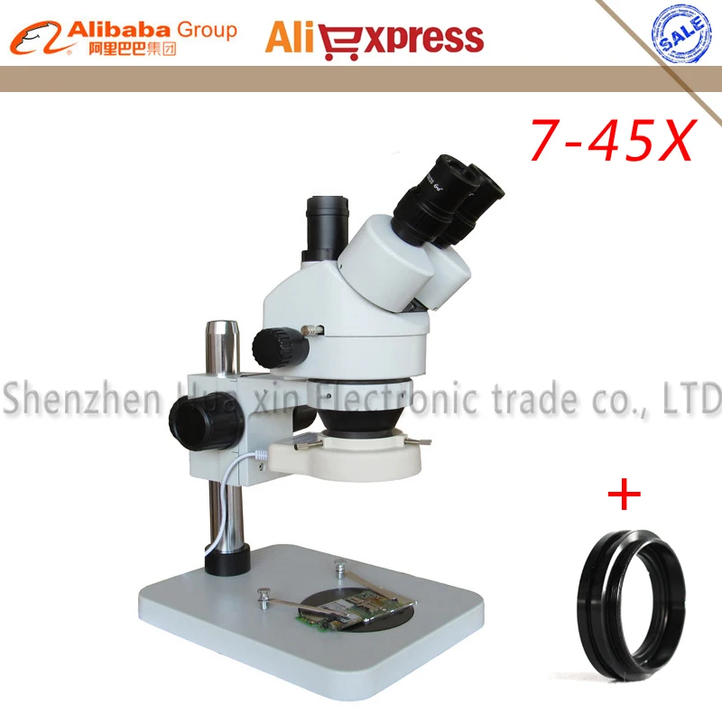 

Trinocular stereo microscope 7-45X Continuous zoom Magnification with metal stand adjustable+56 LED light+Protect Auxiliary Lens