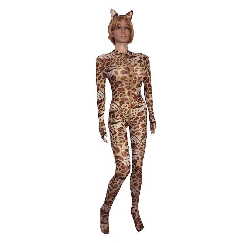 

Comfortable Soft Elastic Fabric Open Crotch Long Zip Leopard Animal Print Catsuit Bodysuit Cat Woman Role Play Sexy Costume