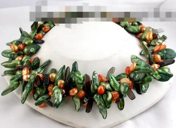 

3396 3row baroque green yellow fw pearl necklace stone clasp