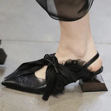 Knsvvli/вечерние туфли на квадратном каблуке в форме дерева; женская обувь из натуральной кожи с шелковым бантом и острым носком для подиума; женские слинбэки