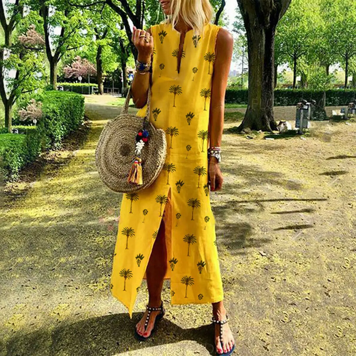 Женское Бохо без рукавов Летнее хлопковое повседневное Свободное длинное платье-футболка размера плюс свободное повседневное льняное платье с принтом одуванчика - Цвет: Цвет: желтый