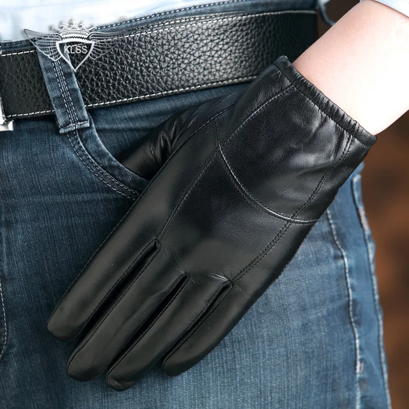KLSS из брендовой натуральной кожи Для мужчин перчатки высокое качество козья перчатки классические черные Сенсорный экран для вождения