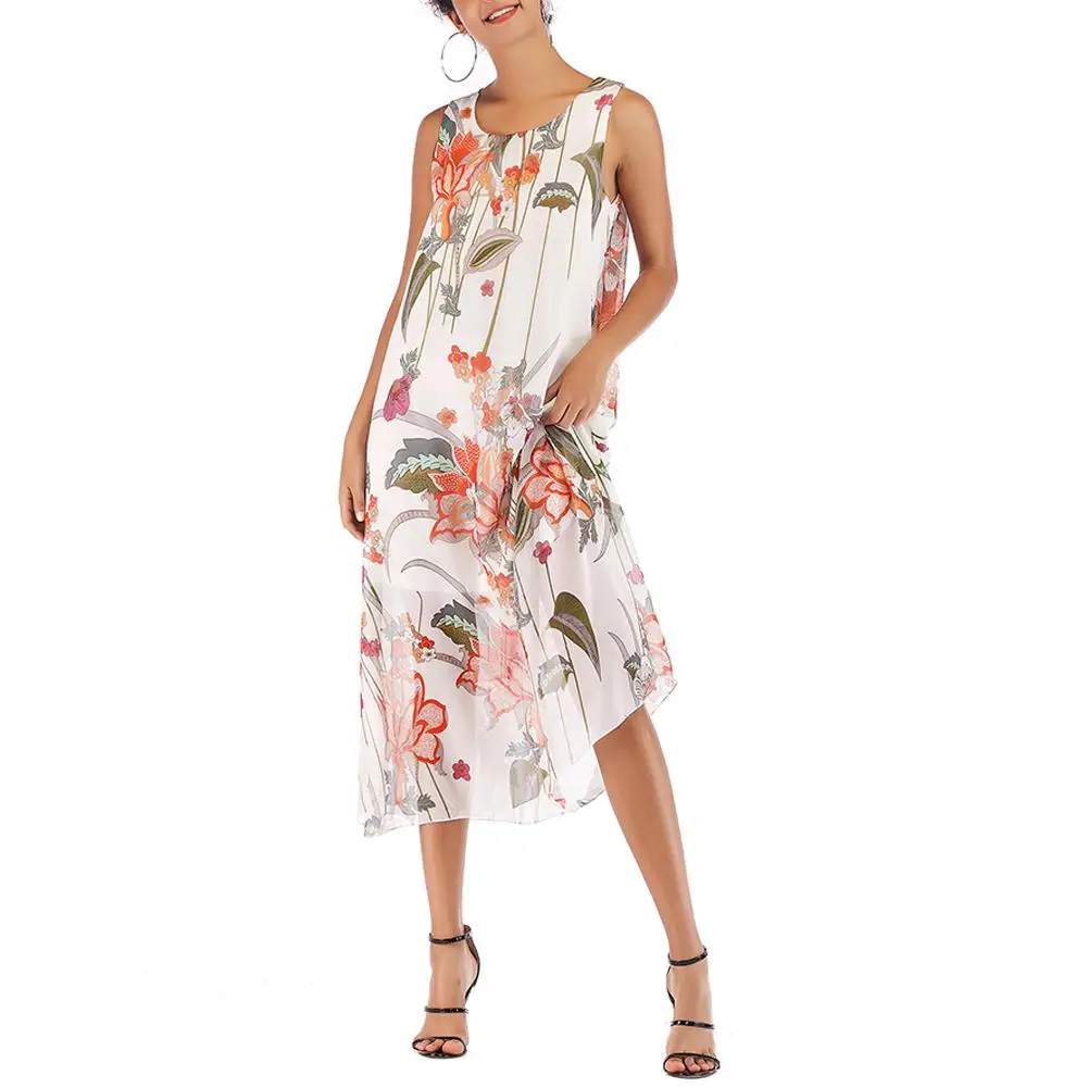 

2019 New Yfashion Women Large Round Neck Flower Printed Large Hem Chiffon Beach Dress
