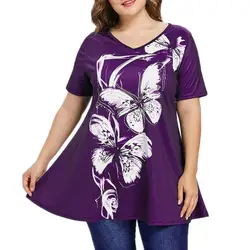 Мода плюс Размеры с принтом бабочки V шеи Блузка рубашка летние Для женщин топы Свободные Изделие из хлопка с короткими рукавами дамы