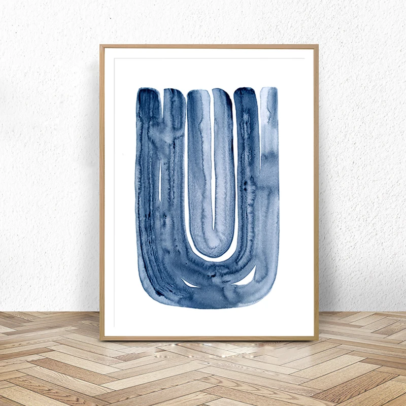 Abstract Painting, Blue Watercolour Wall Art, Modern Minimalist Print, Navy, Brush Stroke