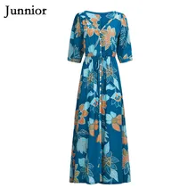 Junnior Boho Floral Print Women Maxi Dress V Neck Beach Dress Female Spring and Summer Blue Half Sleeve High Waist Dresses sky blue half sleeve maxi dress