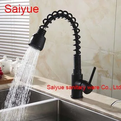 New Black Marble Stone Polished Pull Down spring Swivel Kitchen Sink Faucet 360 degree rotating Deck