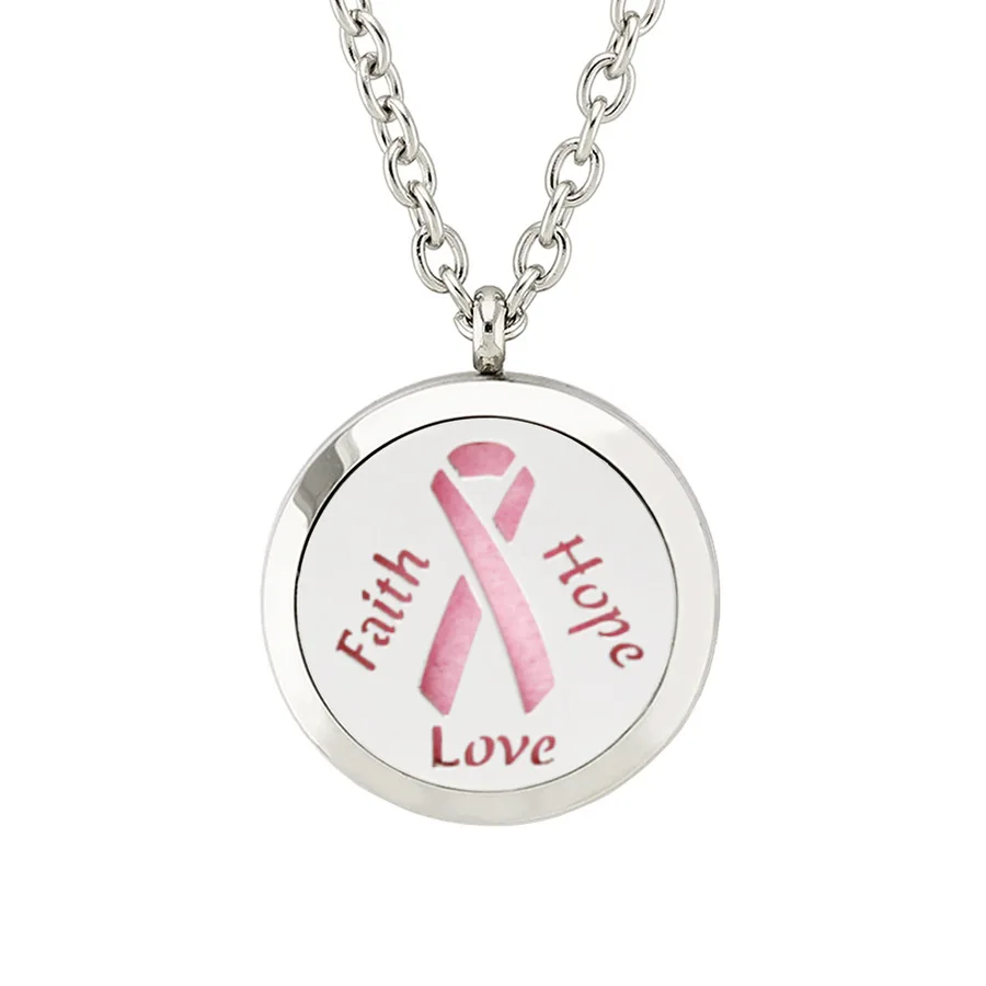 

Breast Cancer Awareness Pink Ribbon Faith Love Hope Essential Oils Perfume Diffuser Necklace Locket For Women