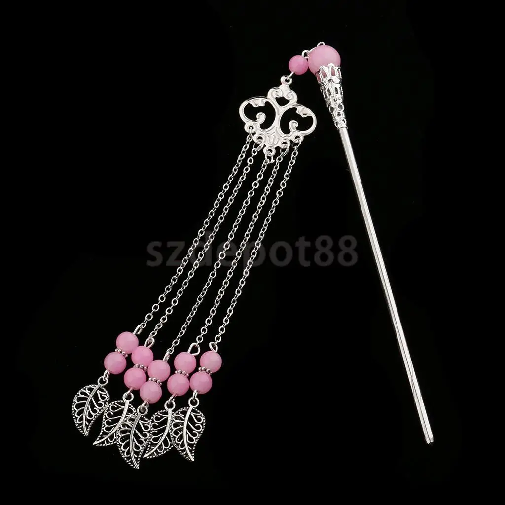 Solid Metal Tasel with Beads Stick Pin Hanfu Dress Ancient Chinese Cosplay Drama Girls Cute Hair Pin