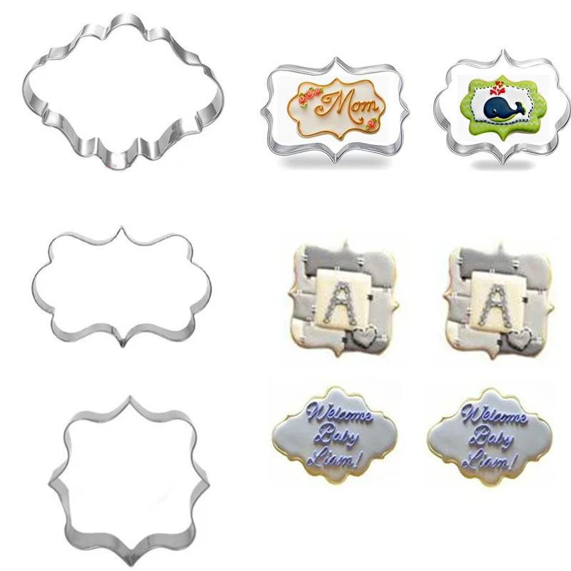 3Pcs Plaque Cutter Cookies Frame Cake Oval Square Rectangle Fancy