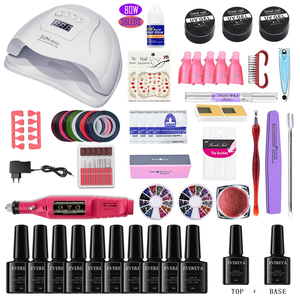 Набор для ногтей комплект гель-лаков для ногтей УФ лампа Сушилка маникюрный набор 10 шт. Гель-лак для ногтей отмачиваемый маникюрный набор для ногтей Инструменты SUNX5 80W