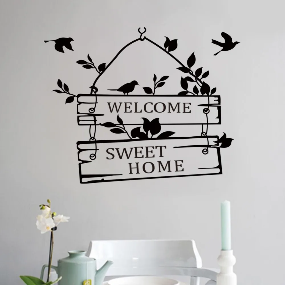 Добро пожаловать, милые наклейки на стену с цитатами для дома, декор для гостиной, дверной знак, птицы, цветы, лоза, Наклейки на стены, виниловая настенная живопись