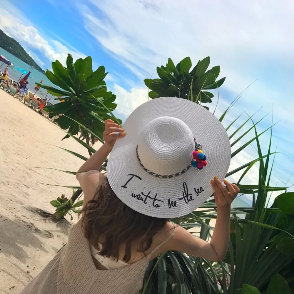 Новинка, летняя соломенная шляпа от солнца с широкими полями и вышивкой «Я хочу увидеть море», женские пляжные кепки от солнца