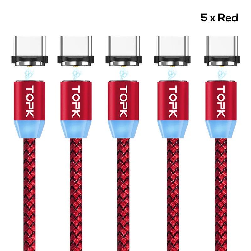 TOPK [5-Pack] R-Line1 светодиодный магнитный кабель usb type C с нейлоновой оплеткой для зарядного устройства type-C для samsung S9 S8 Plus USB C - Цвет: 5 x Red Cable