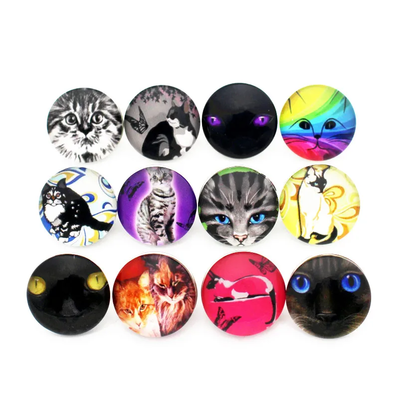 Hot selling 12pcs/lot cat 18mm Substitutable Glass woman Snap Buttons Charms Fit Snap Bracelet