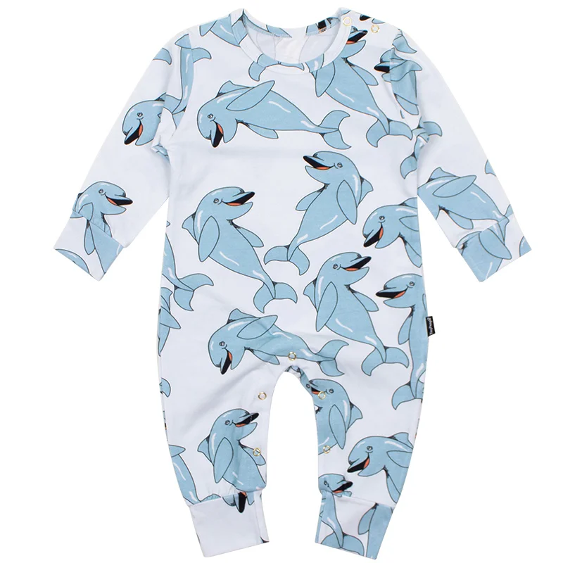 Новинка; детские комбинезоны с изображением голубого дельфина; хлопковая ткань; весенняя одежда для новорожденных мальчиков и девочек; одежда для малышей; комбинезон с длинными рукавами