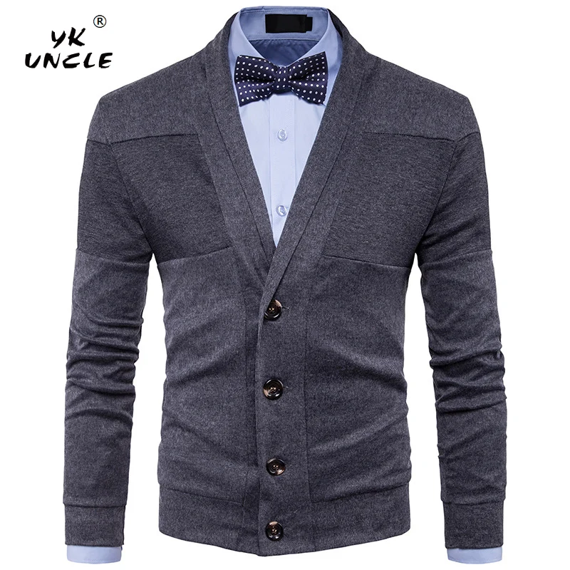YK дядя бренд мода весна осень сплошной цвет пэчворк мужские свитера v-образный вырез тонкий кардиган повседневное пальто мужской свитер