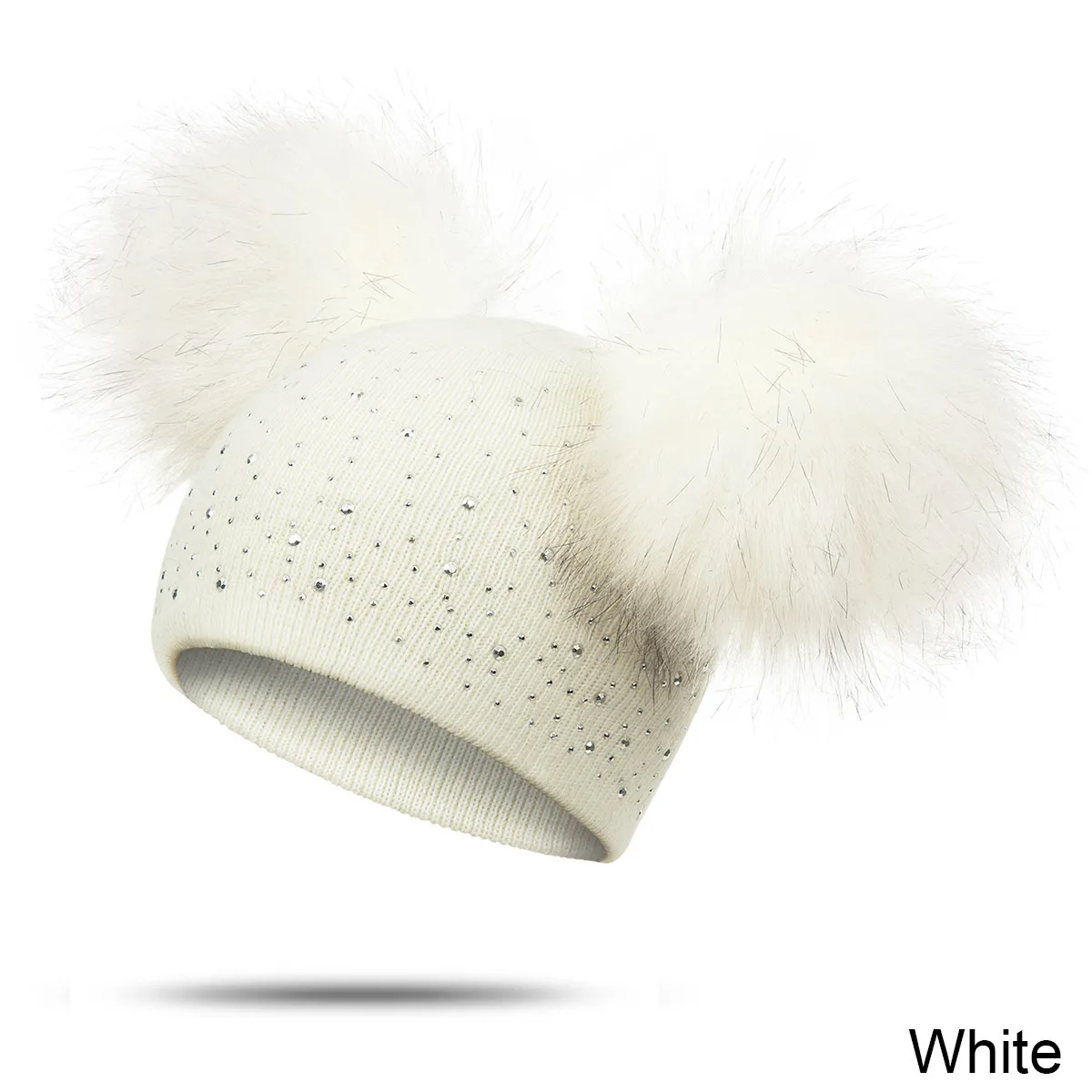 Новая зимняя шапка для мальчиков, 2 Помпона, теплая вязанная шапочка с яркими бриллиантами, милая уличная детская Кепка для мальчиков и девочек - Цвет: white