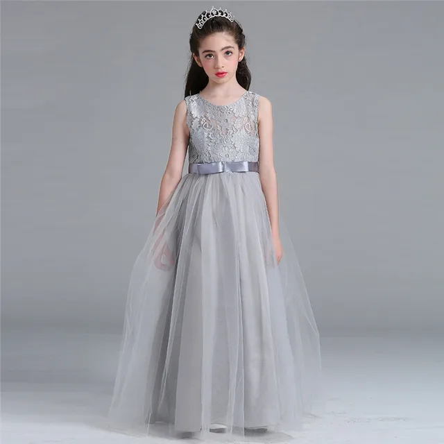 Fashion Child Princess Wedding Bridesmaid Long Dress Mesh Flower Pattern Girl Dress 12 14 Years