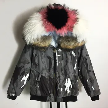 

2018 Fashion Camouflage Gray Bomber Jacket with Big Size real fur Collar blue Liner Bombers Womens