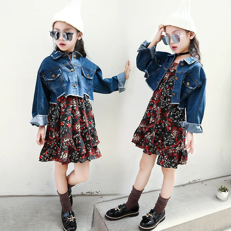

2019 Spring Toddler Girl Clothes Short Denim Jacket Coat + Long Flower Beach Dress 2pcs Outfits Clothing Set for Girls 12 Years